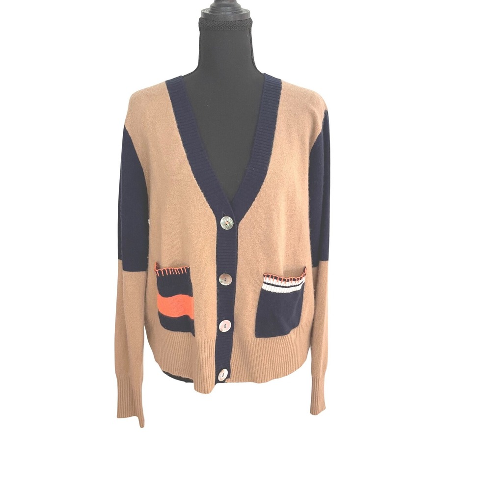 Brodie Cashmere Cardigan Womens L Tan Navy Blue Colorblock Preppy Luxury Sweater